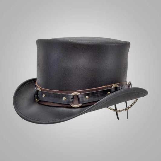 Women’s Elegant Sweatband Black Leather Top Hat - Premium Quality