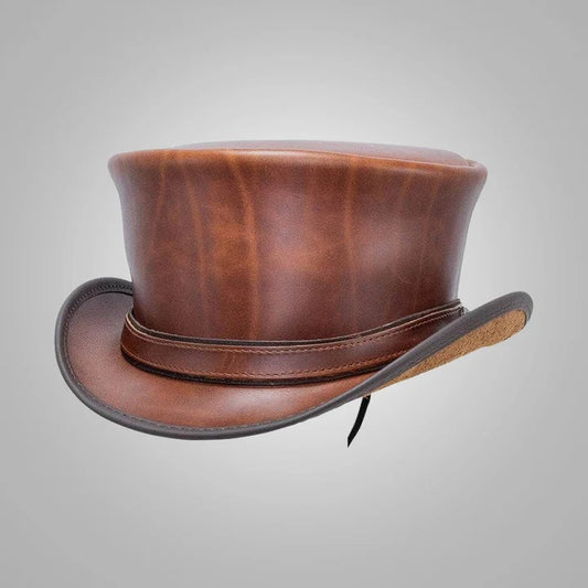 Women’s Shine Brown Leather Top Hat - Premium Quality