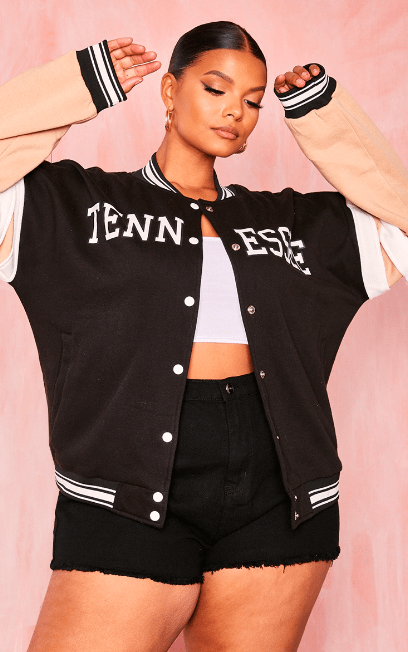 Women's Varsity Bomber Leather Jacket in Black & Pink Sleeves: Sty – topgurujackets