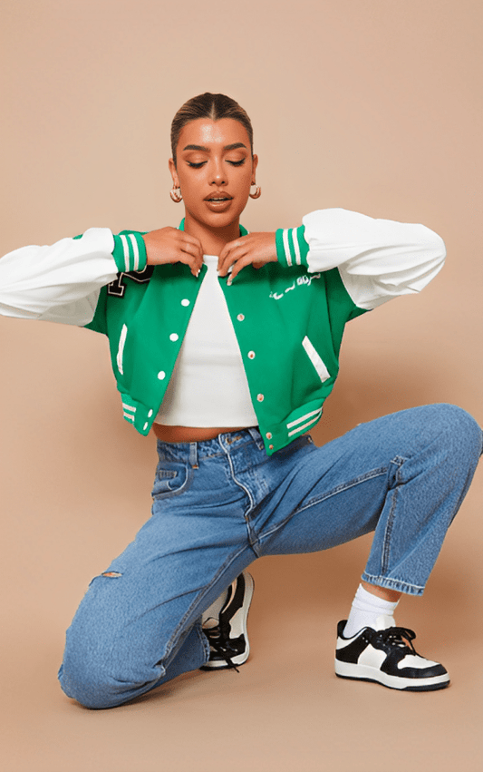 Trendy Women's Green Cropped Varsity Bomber Leather Jacket