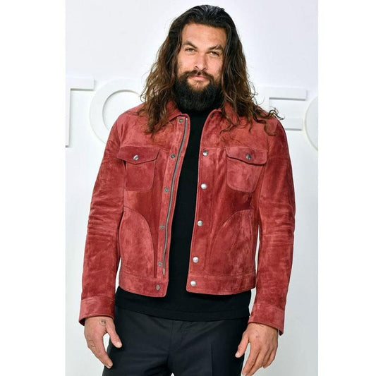 Jason Momoa Aquaman Red Suede Trucker Leather Jacket