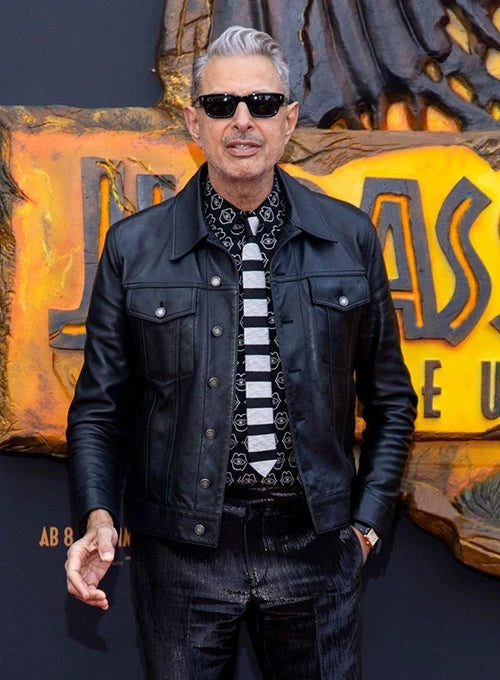 Jeff Goldblum Trucker Style Black Leather Jacket