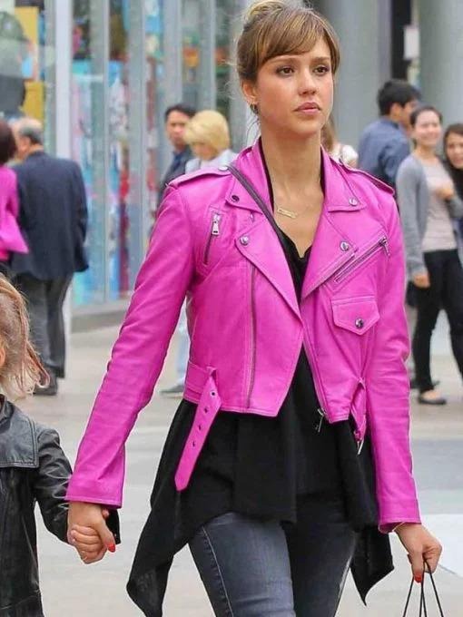 Jessica Alba Hot Pink Biker Moto Leather Jacket