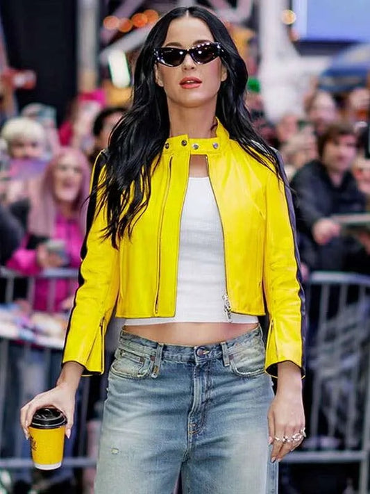 Katy Perry Yellow Moto Cropped Leather Jacket
