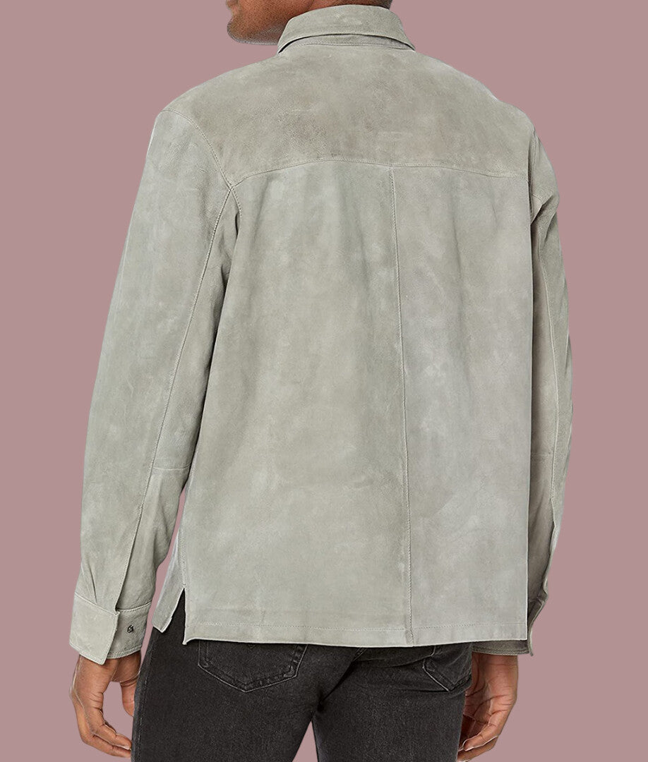 Men Light Gray Relaxed Fit Suede Overshirt Jacket back side. Button closure cuff an side slides.
