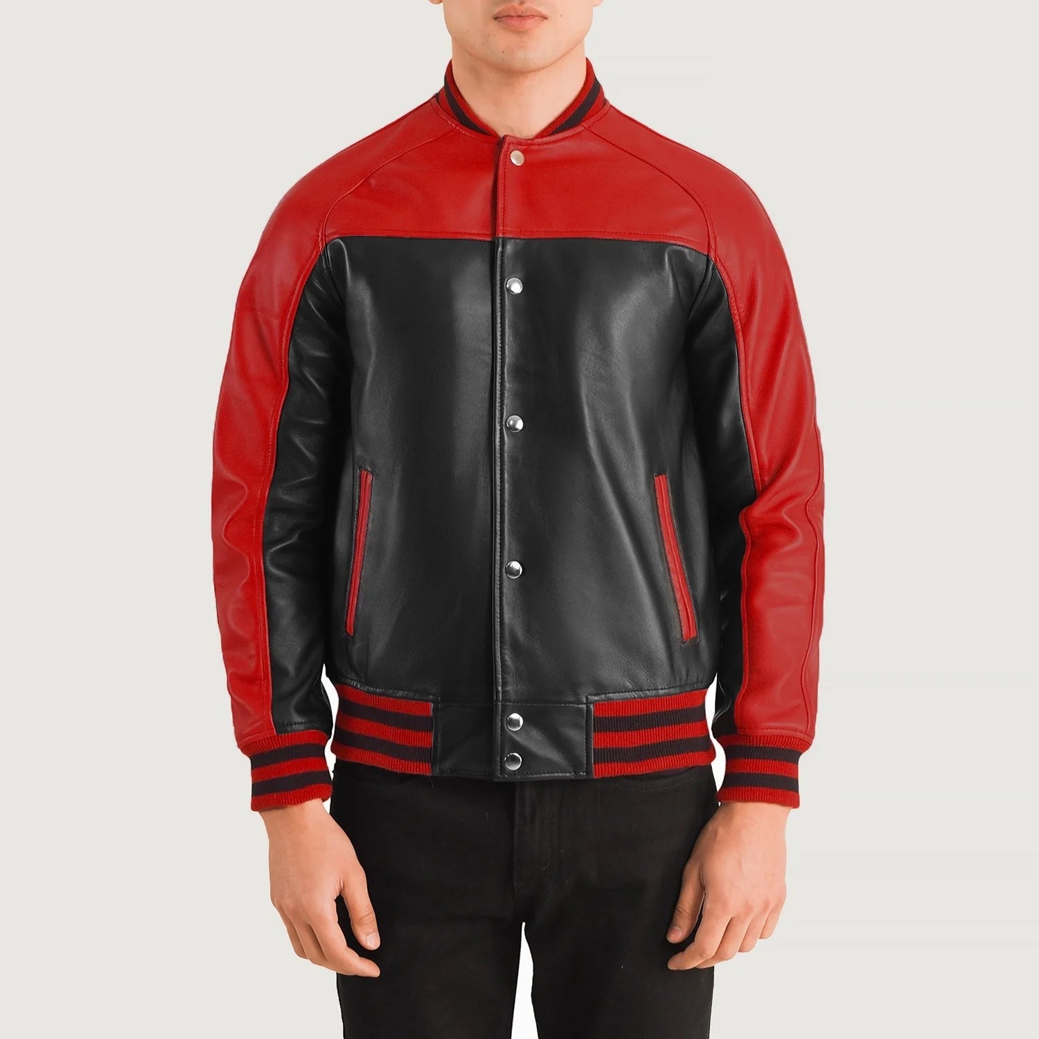 Men’s Black and Red Leather Varsity Jacket