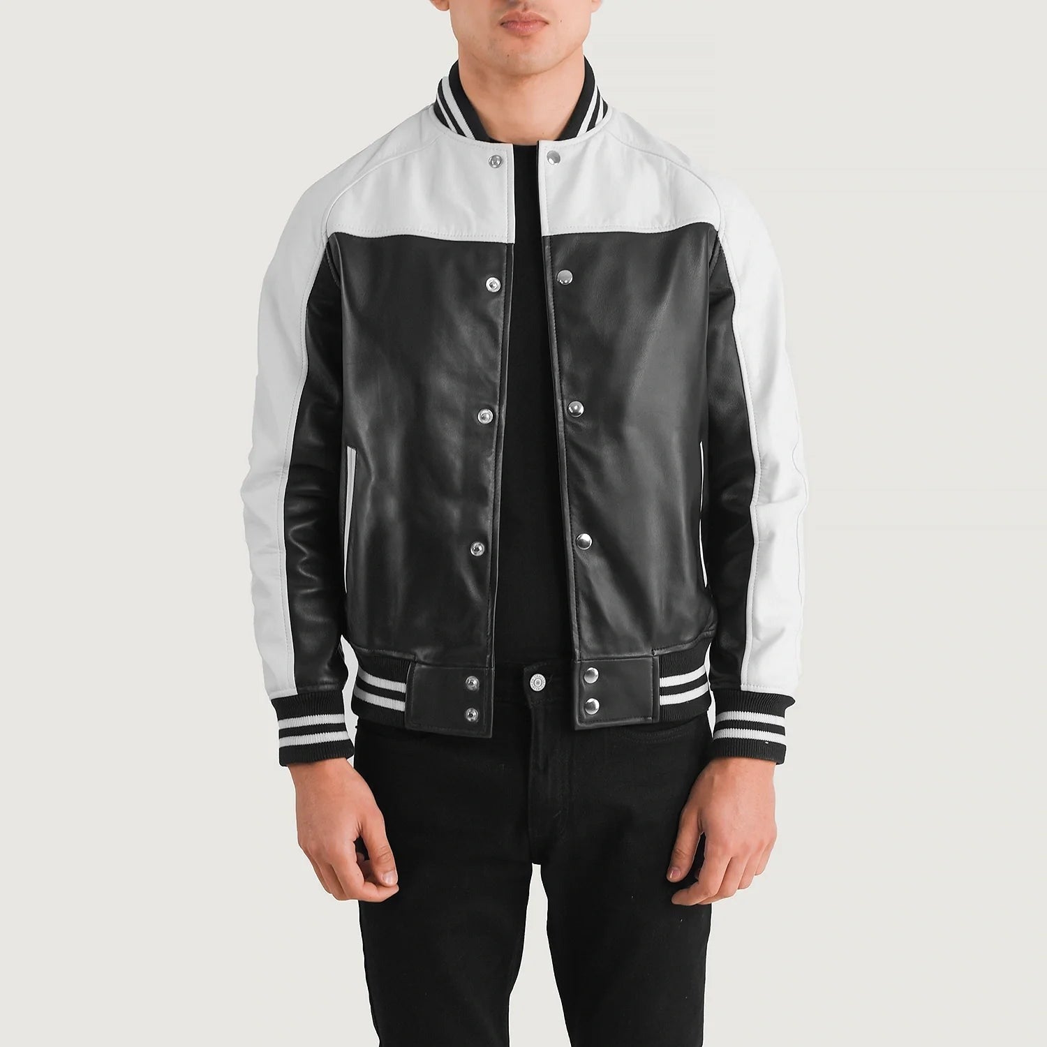 Men’s Classic Black and White Leather Varsity Jacket