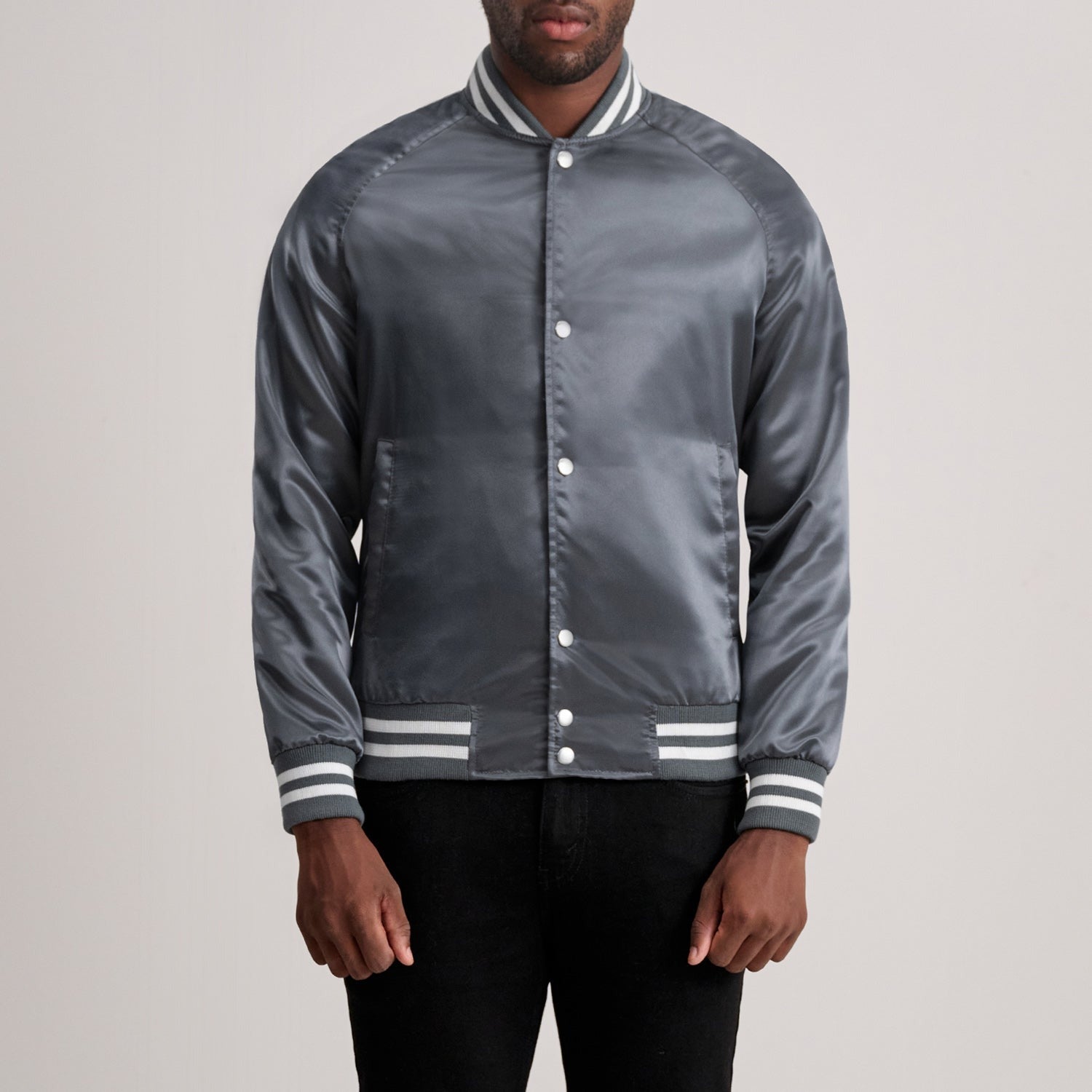 Men’s Stylish Grey Satin Varsity Jacket