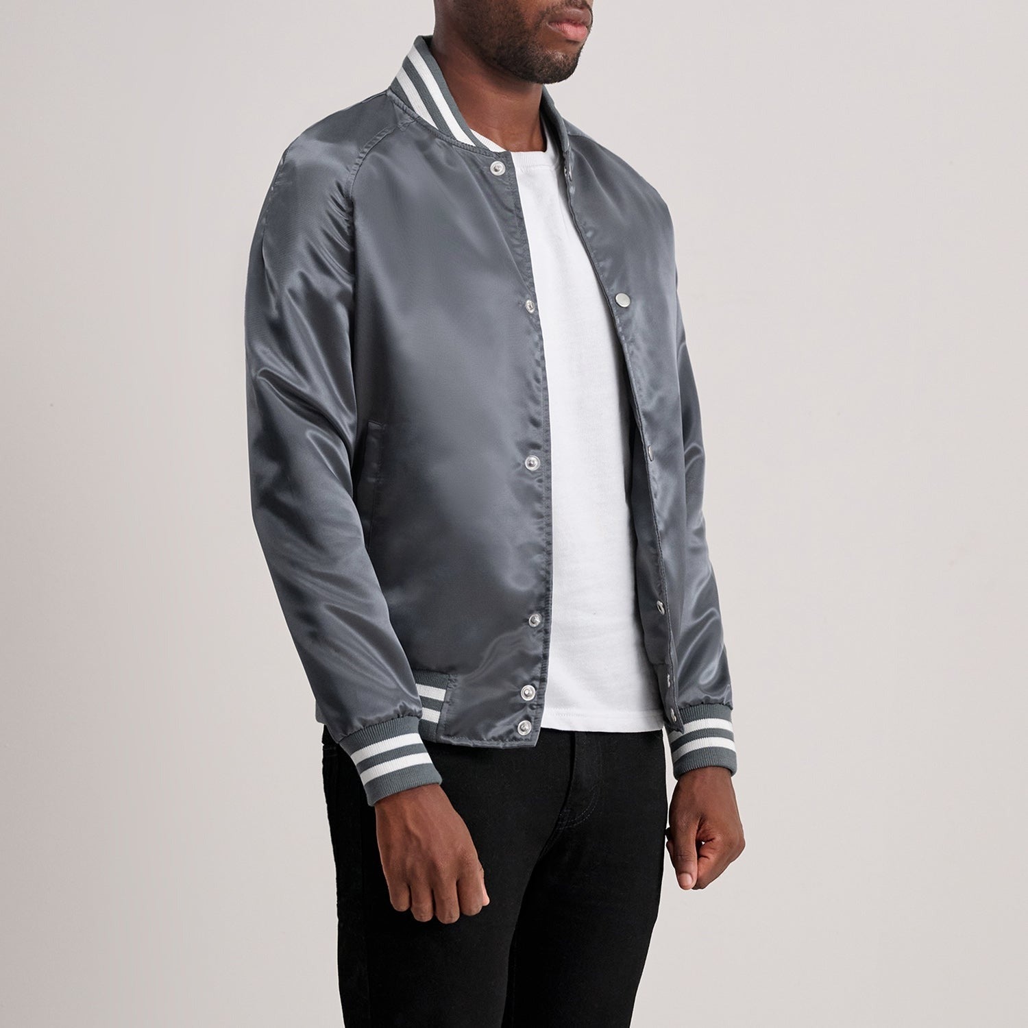 Men’s Stylish Grey Satin Varsity Jacket
