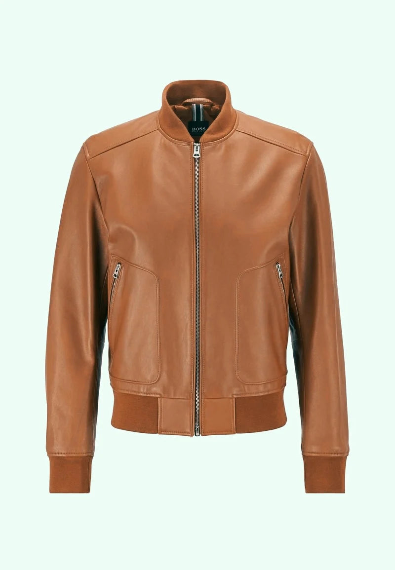 Men’s Tan Brown Leather Bomber Jacket - Timeless Style and Comfort