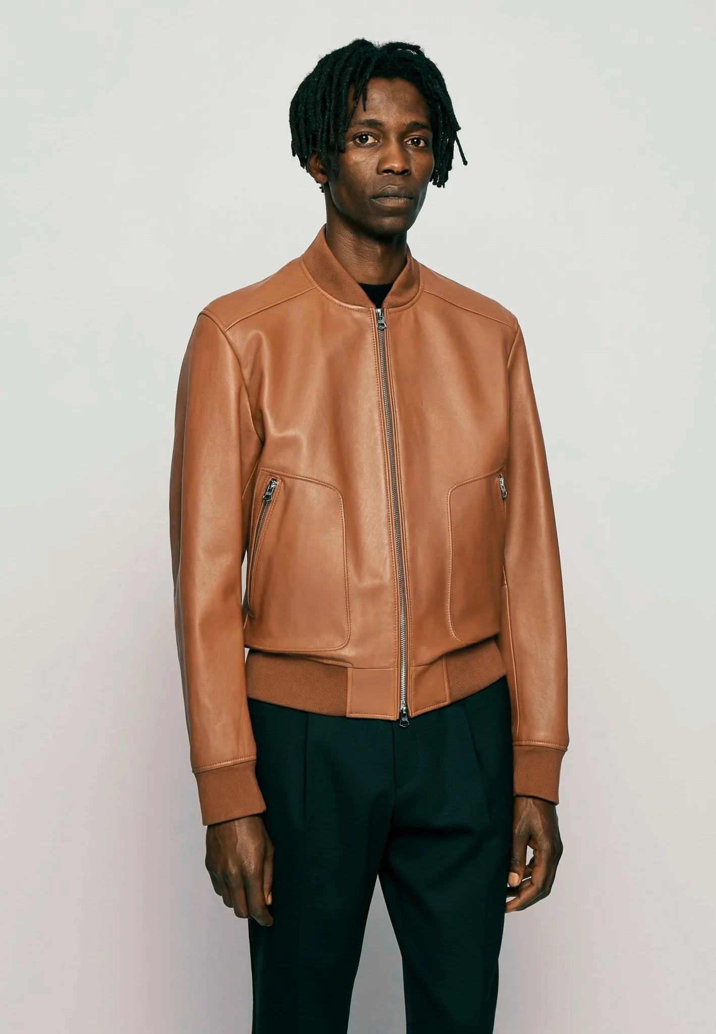 Men’s Tan Brown Leather Bomber Jacket - Timeless Style and Comfort