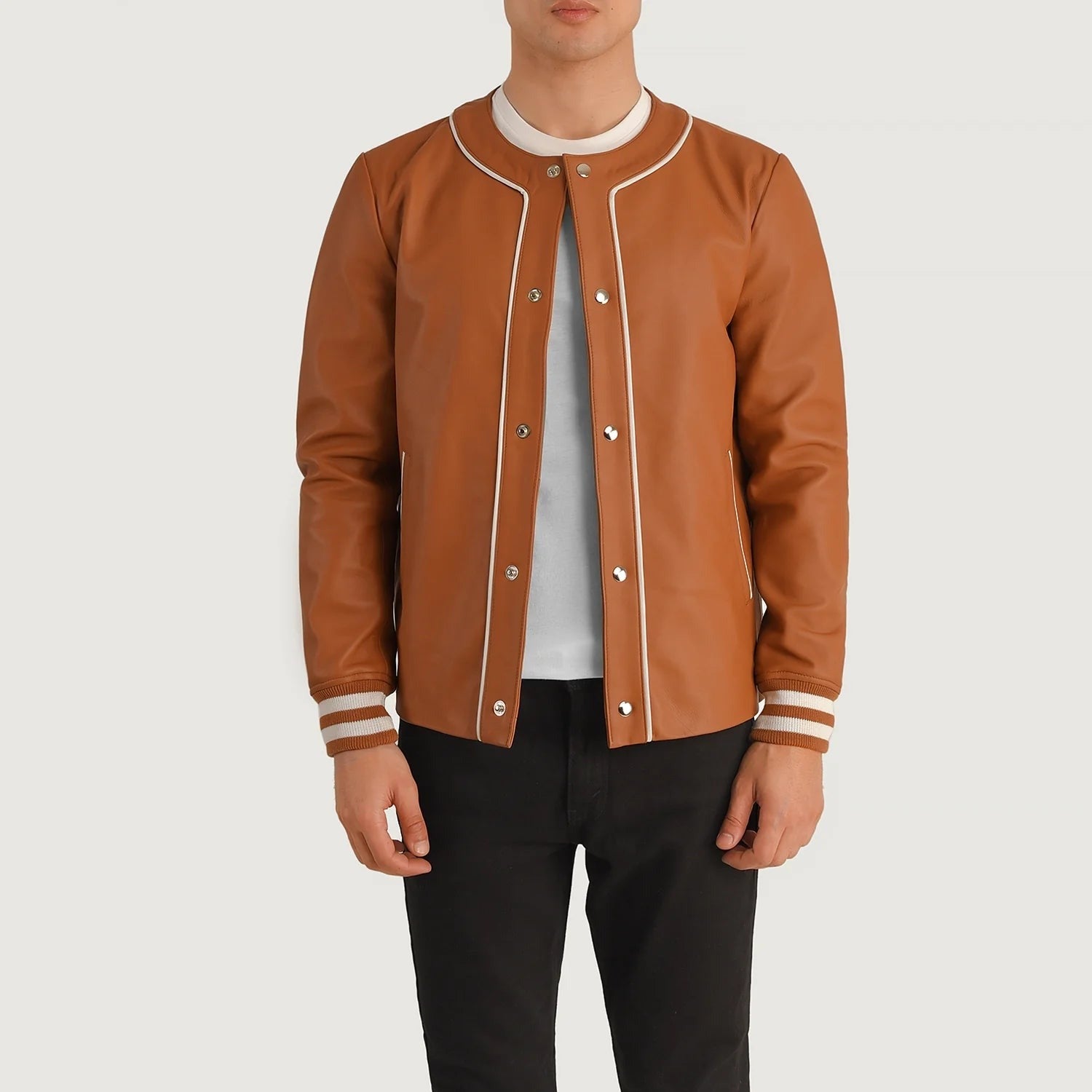 Men’s Tan Brown Leather Varsity Jacket