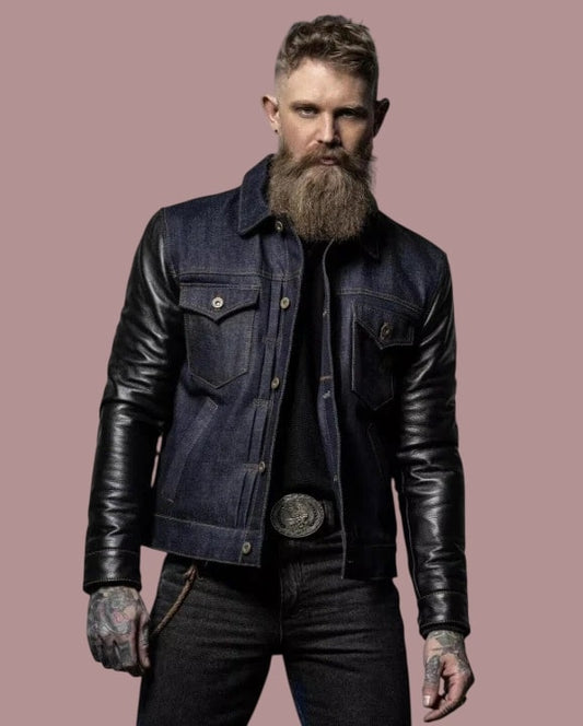 Men’s Timeless Denim Jacket with Black Leather Sleeves
