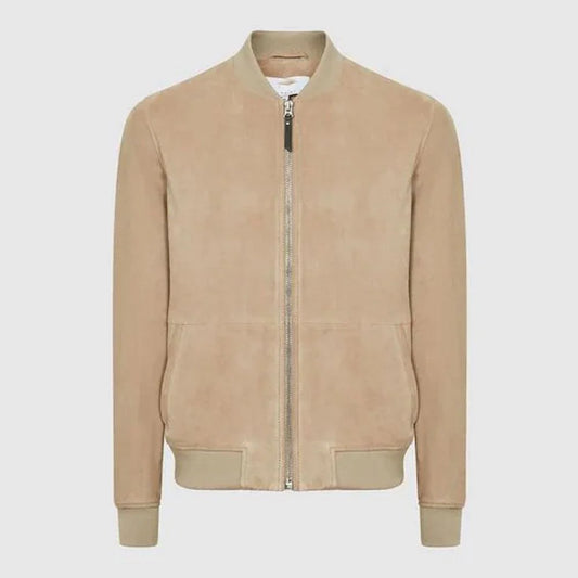 Men's Slim-Fit Brown Suede Leather Bomber Jacket