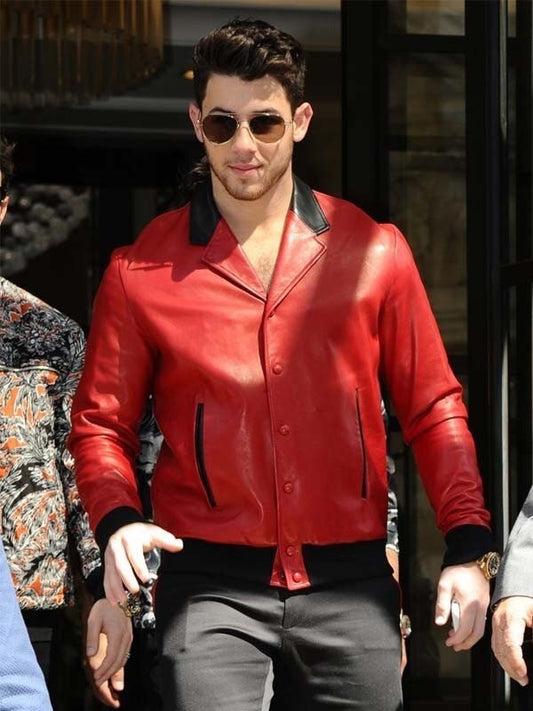 Nick Jonas Red Leather Bomber Jacket