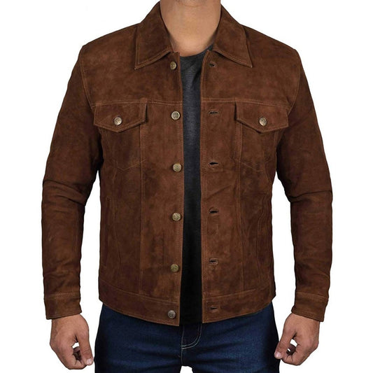 Men's Stylish Brown Suede Trucker Jacket – Trendy & Durable