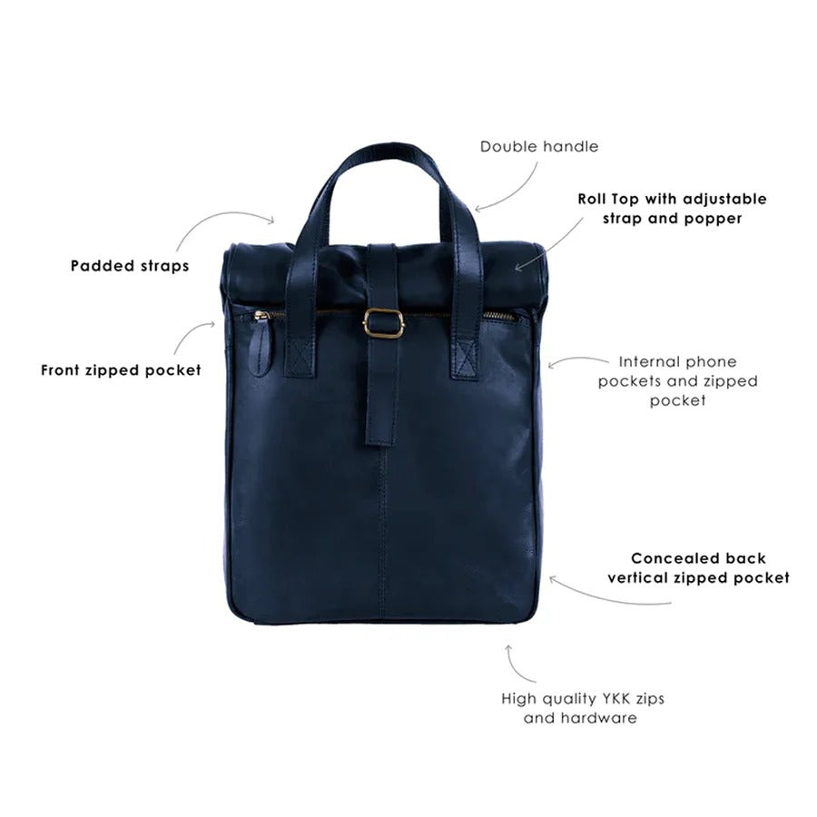 Men’s Blue Genuine Leather Travel Backpack