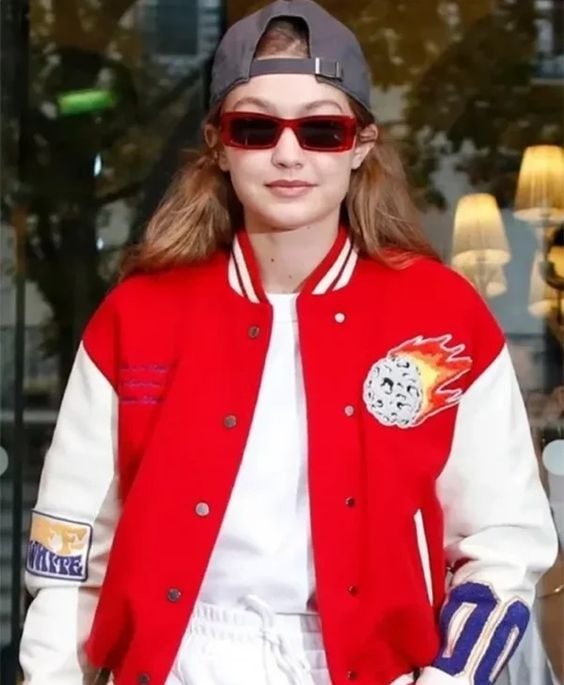 
      Gigi Hadid Inspired Red and White Meteor Shower Varsity Jacket - Stylish Sportswear
 – topgurujackets