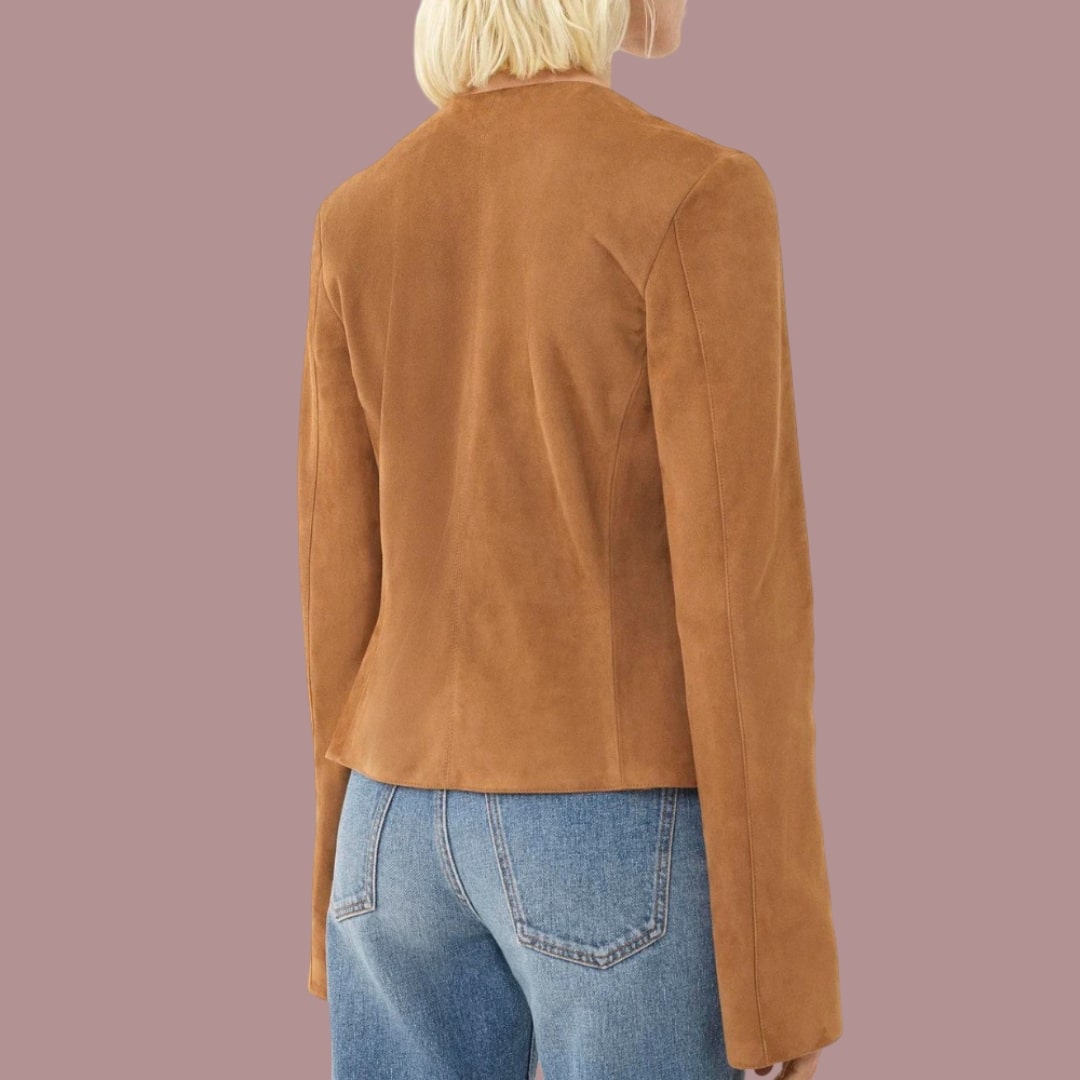 Womens Brown Fitted Collarless Suede Jacket