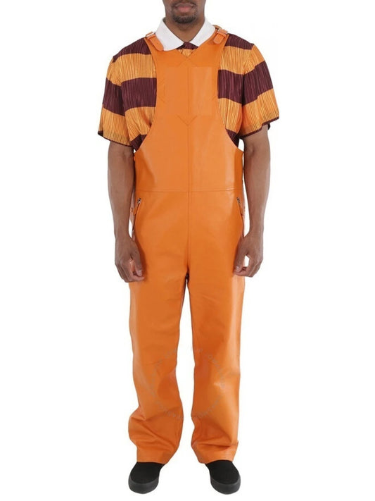 Men’s Adjustable Shoulder Straps Orange Leather Jumpsuit
