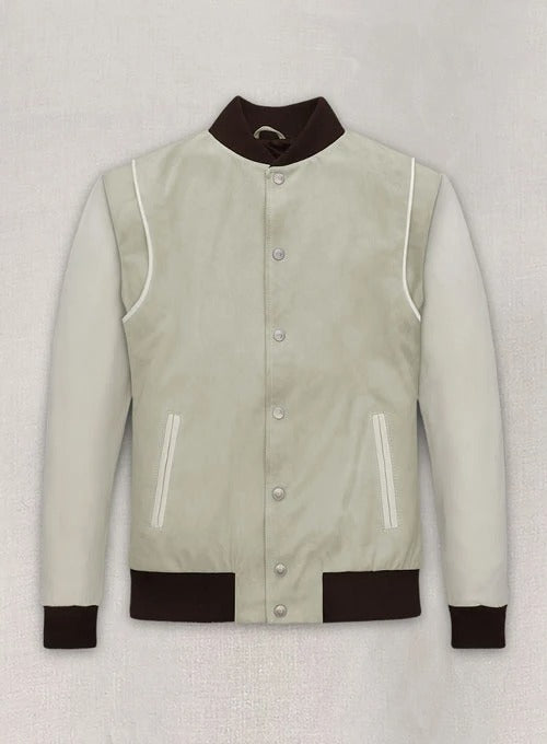 Men's Cream Beige Suede Varsity Leather Jacket – Stylish & Sporty