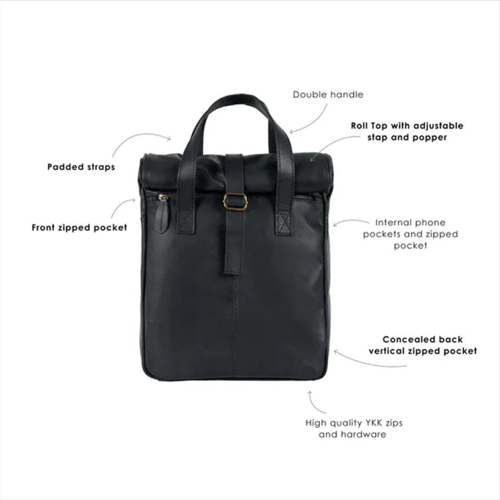 Premium Black Genuine Leather Backpack