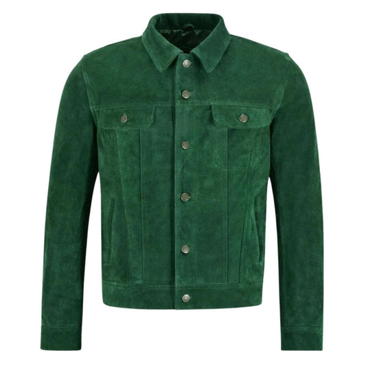 Men's Green Suede Trucker Jacket – Bold & Stylish