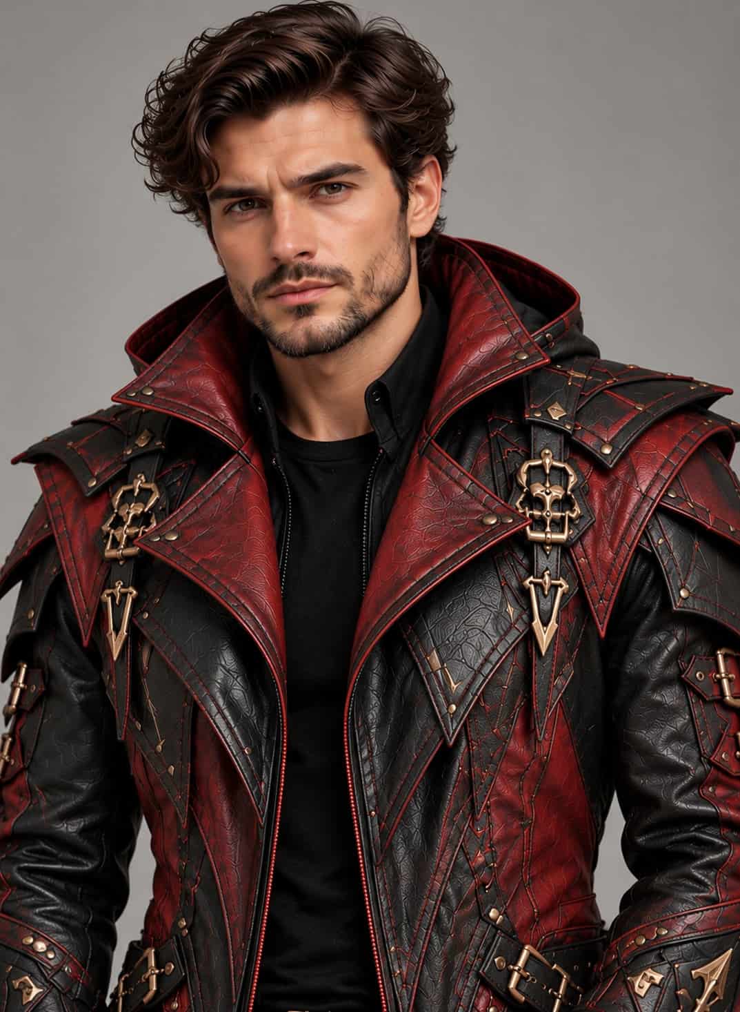 Men’s burgundy and black gothic genuine leather coat with raised collar, pointed panels, and decorative gold-tone emblems.