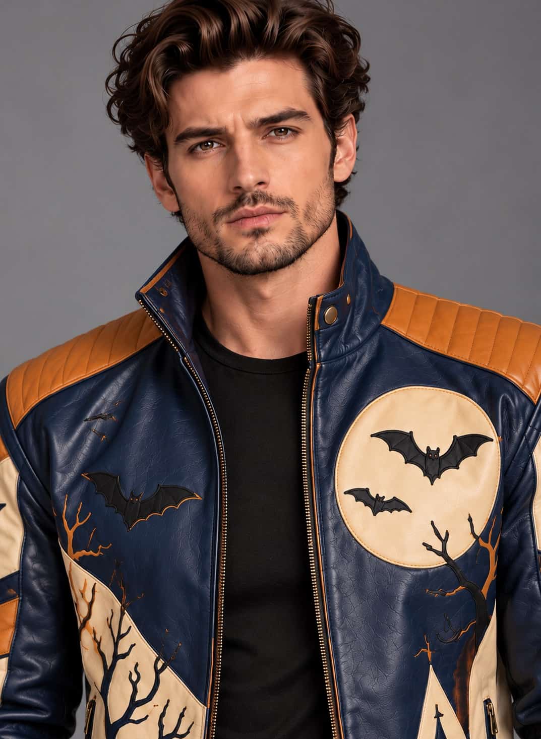 Close-up of men's navy blue Halloween leather jacket showing bat graphics, cream moon artwork, raised collar, and tan-orange quilted shoulders.