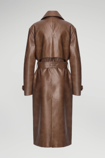 Women Dark Brown Premium Genuine Leather Trench Coat with Belted Waist