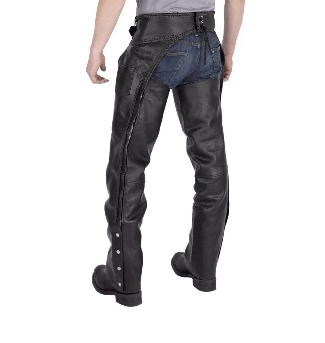 Men’s Braided Black Leather Chaps – Bold & Rugged