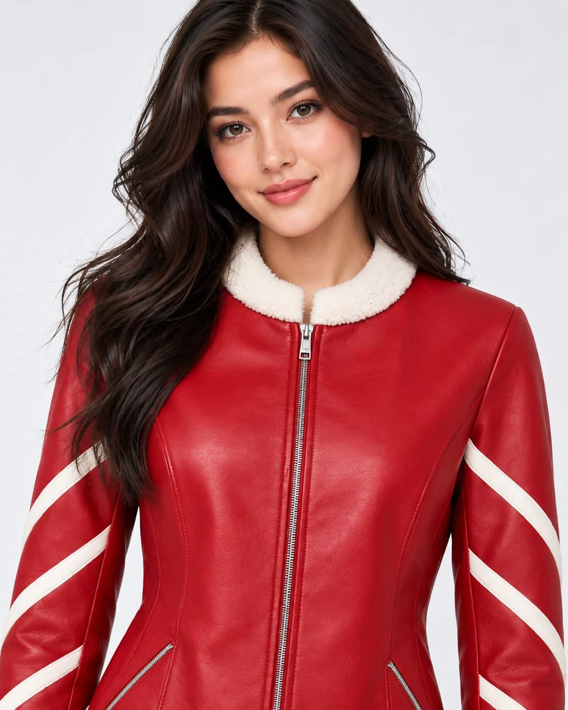 Front close-up of a women's red genuine leather jacket with ivory collar and white sleeve stripes.