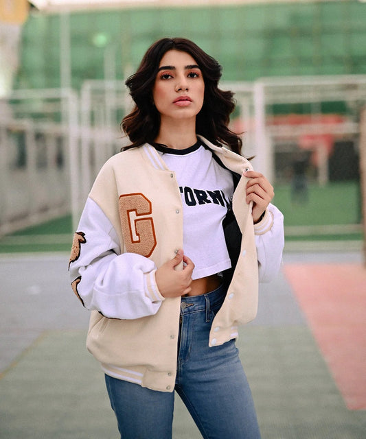 Women's Beige Varsity Jacket