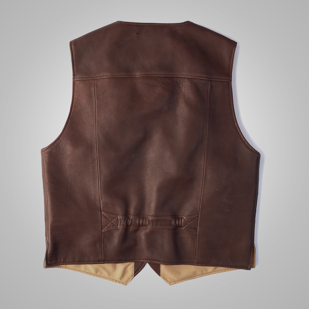 Brown Men Multi Pocket Style Buckskin Vest