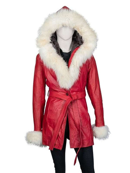 Women’s Red Leather Santa Claus Coat with White Fur Trim