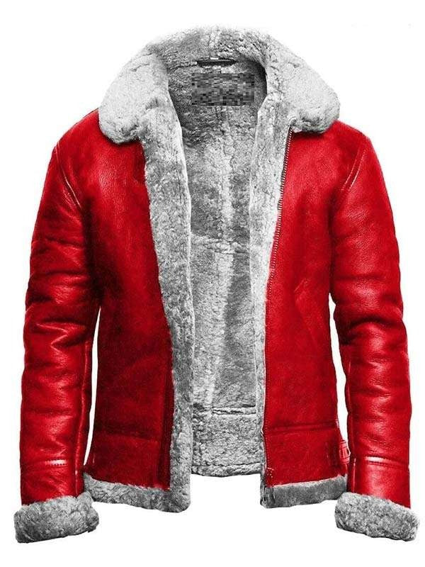 Men’s Christmas Red Leather Jacket with White Fur Trim