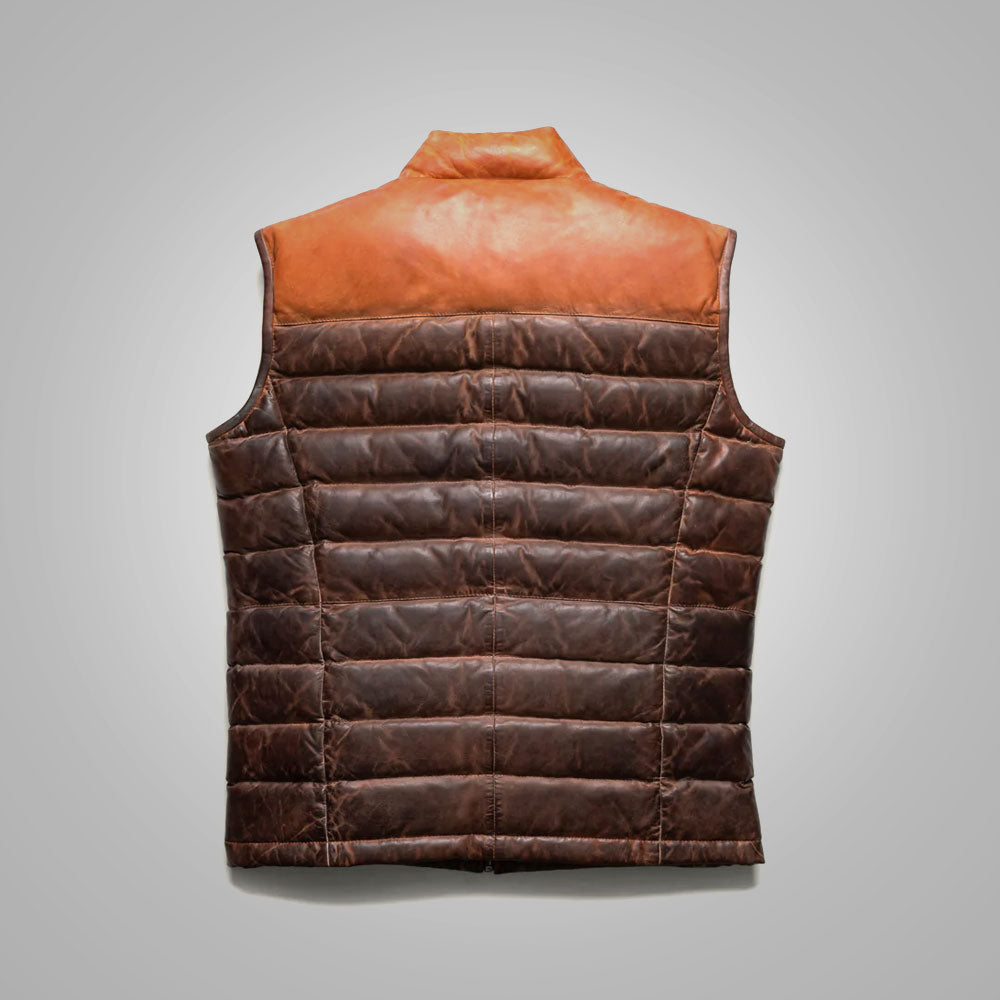  Men's Brown Genuine Bubble Leather Down Vest