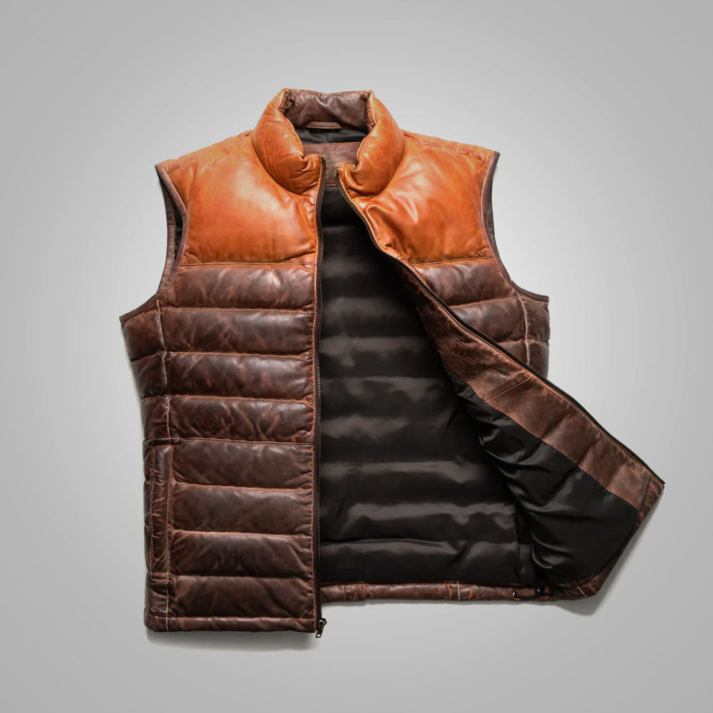  Men's Brown Genuine Bubble Leather Down Vest