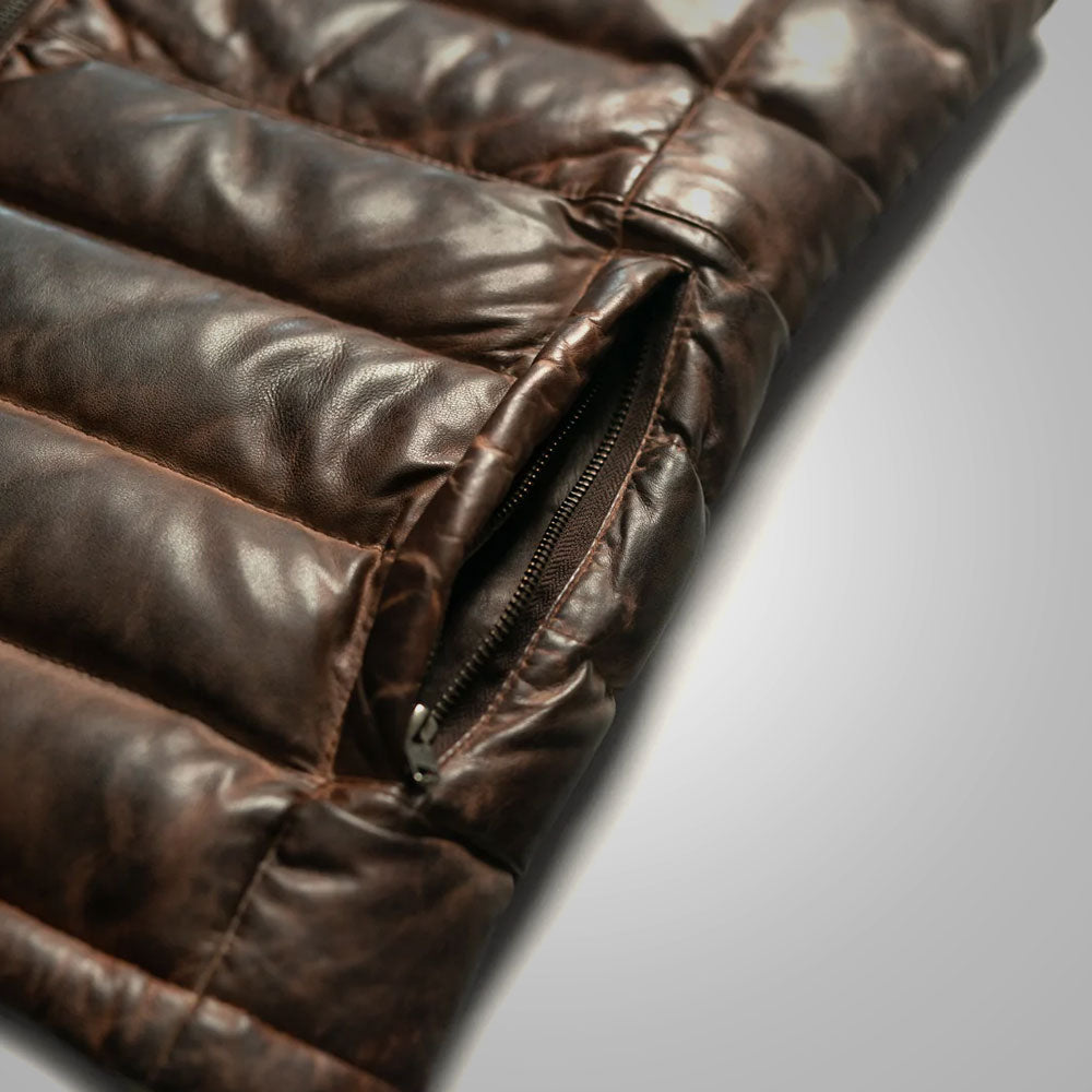  Men's Brown Genuine Bubble Leather Down Vest