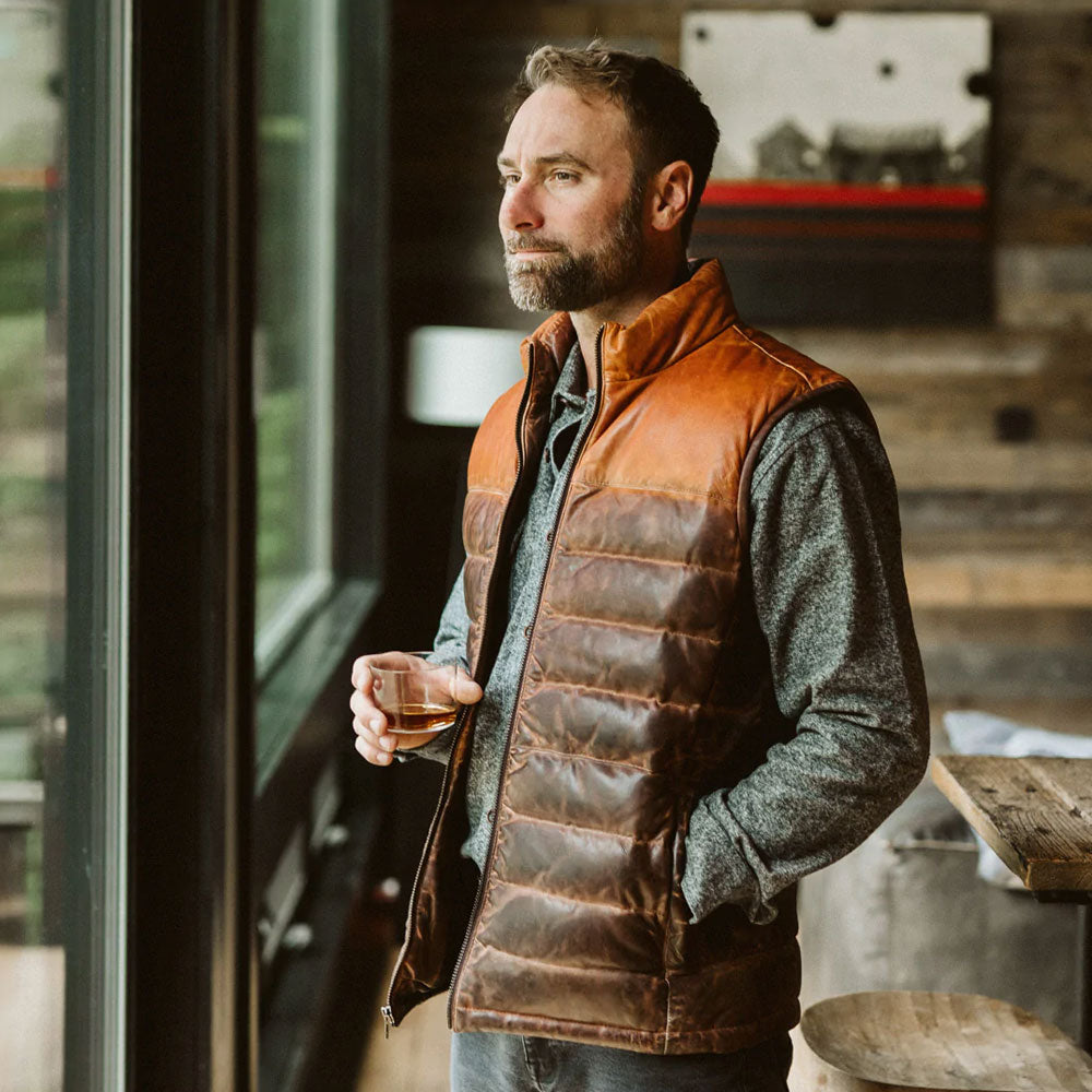  Men's Brown Genuine Bubble Leather Down Vest