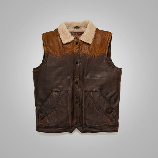 Men's Brown Shearling Fur Sheepskin Leather Vest