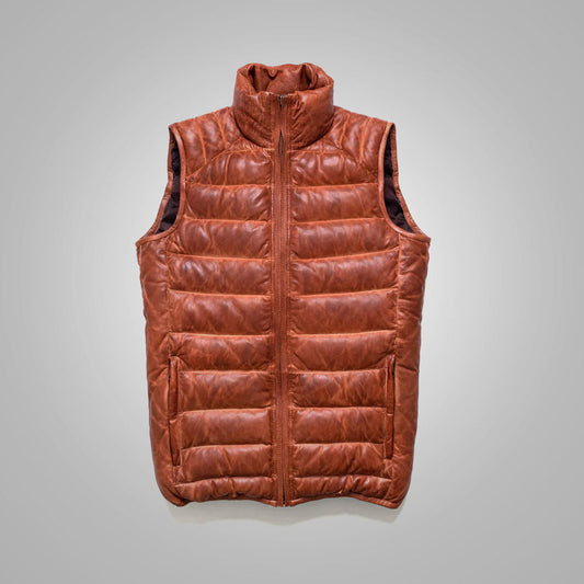 Men's Brown Shearling Bubble Leather Down Vest