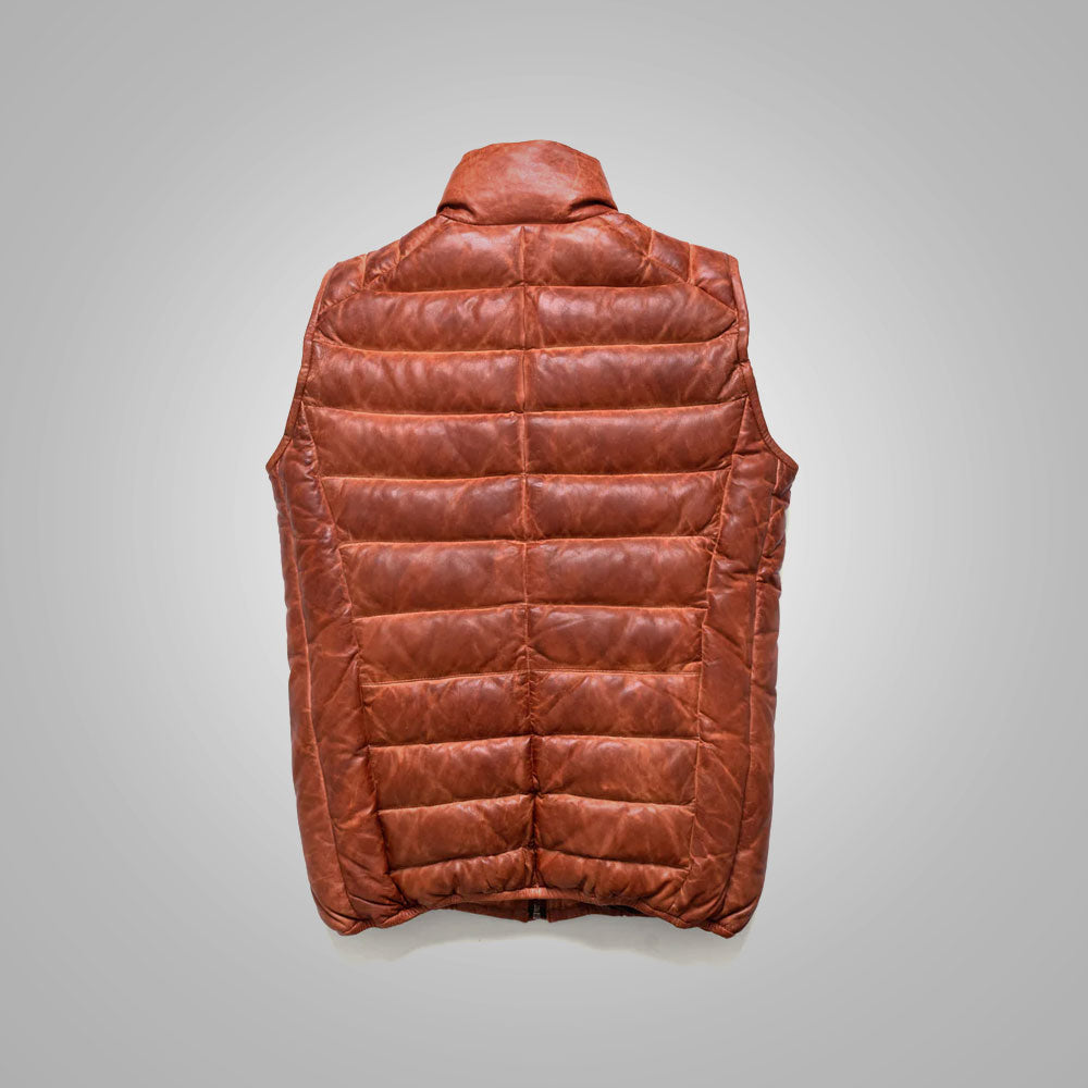 Men's Brown Shearling Bubble Leather Down Vest