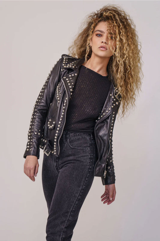 Women Black Style Silver Spiked Studded Leather Biker Jacket