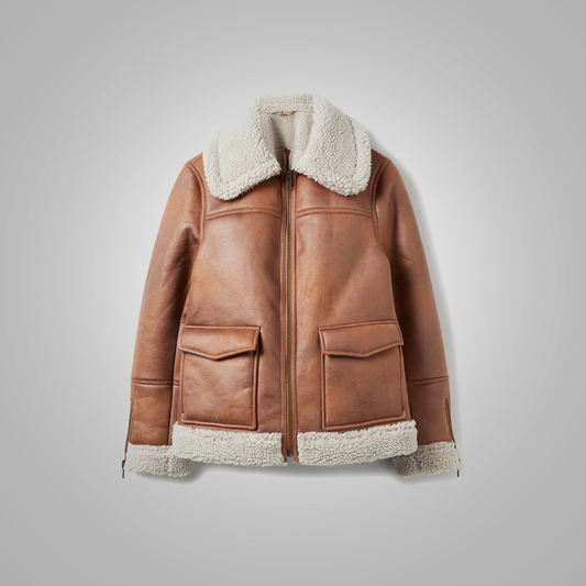  Women's Brown Sheepskin Shearling Leather Aviator Jacket