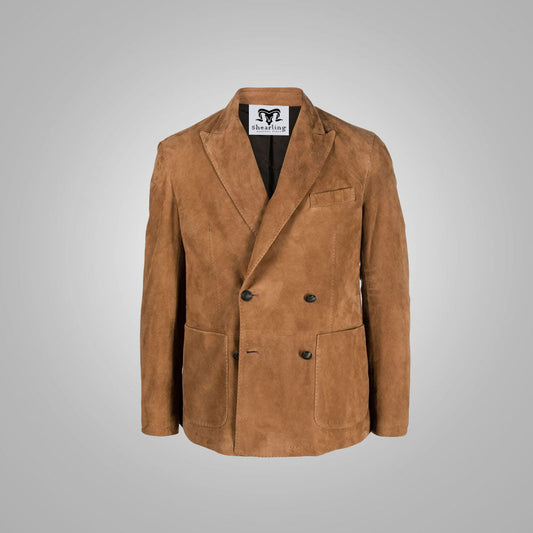  Luxury Men's Suede Double Breasted Leather Blazer