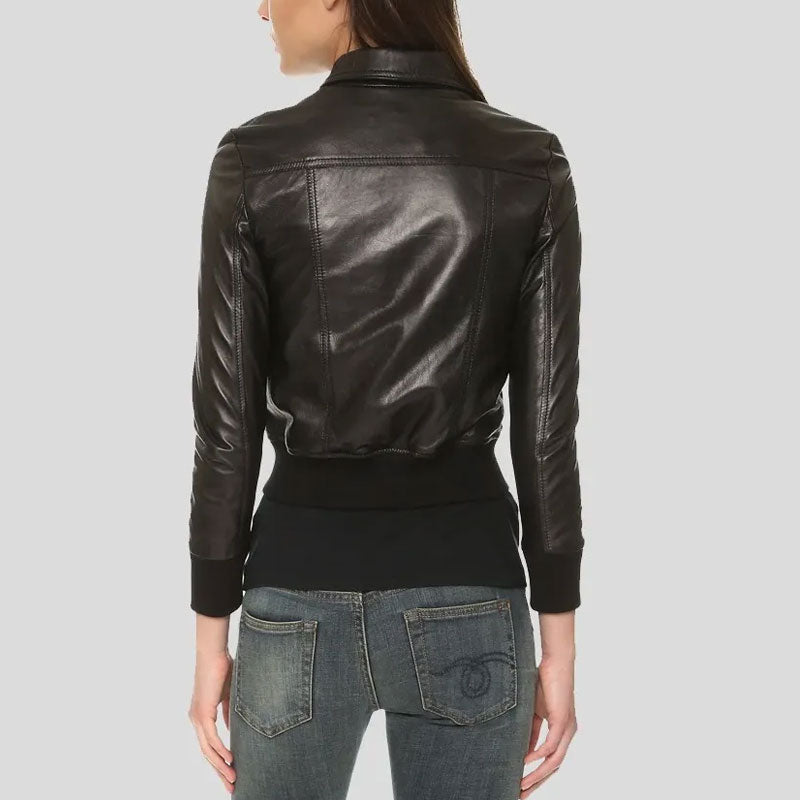 Halle Shirt Collar Black Leather Shearling Bomber Jacket