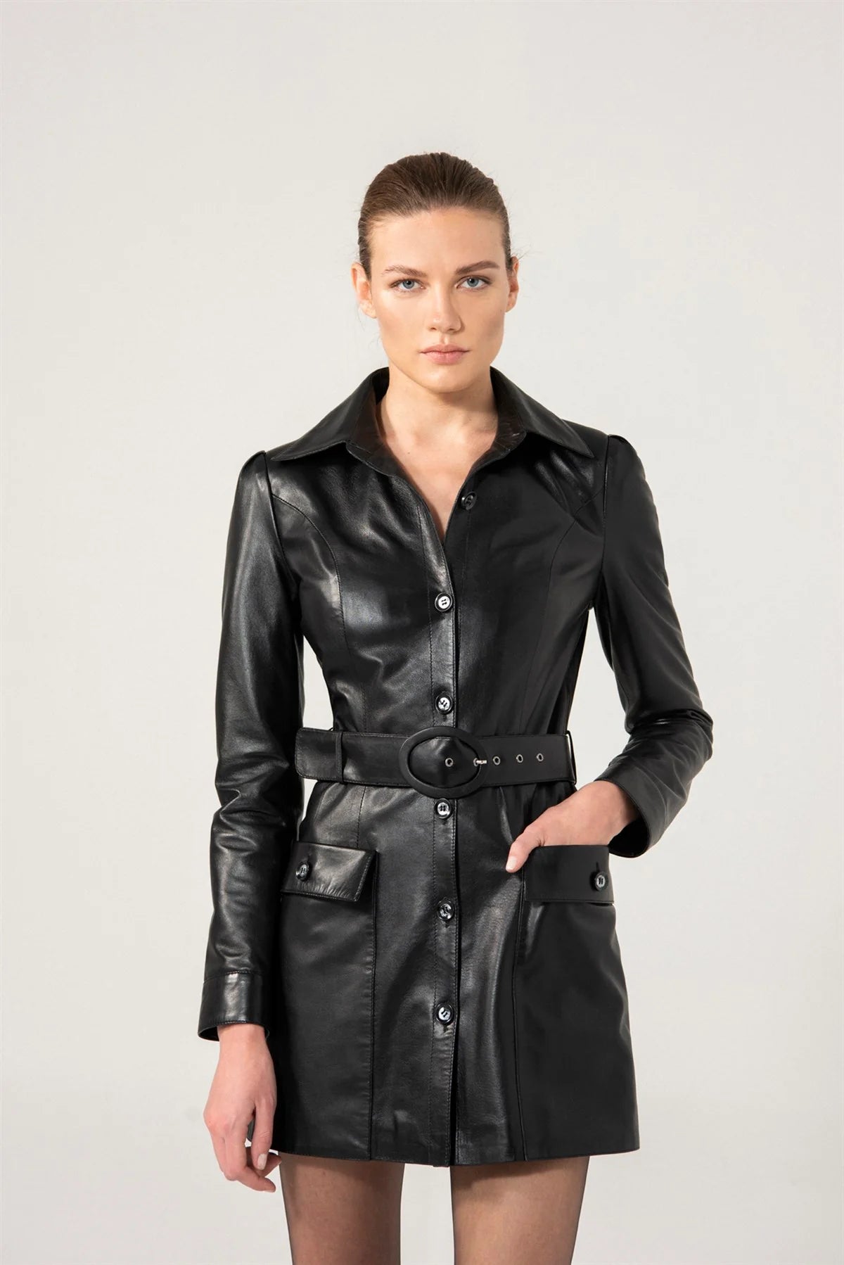 Stylish Women’s Black Sheepskin Leather Trucker Trench Coat