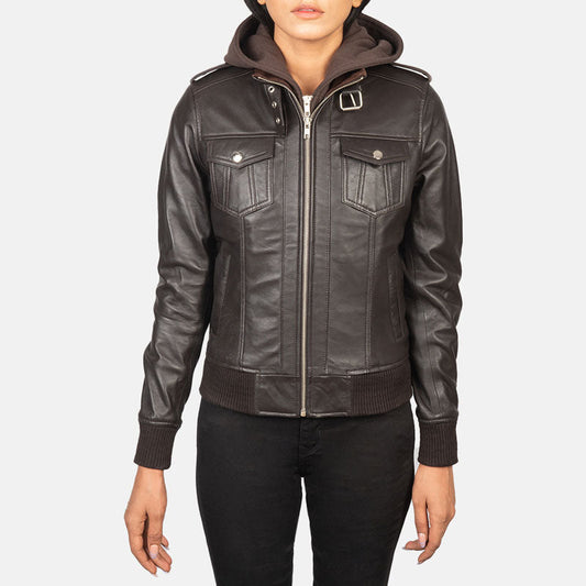 Roslyn Brown Hooded Shearling Leather Bomber Jacket