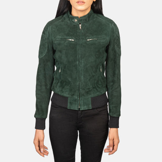 Zenna Green Suede Leather Bomber Jacket